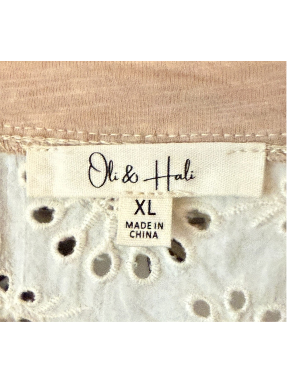 Oli & Hali XL Boho Eyelet Lace Top Tan & Cream Oversized Cottagecore Cotton - Picture 9 of 10